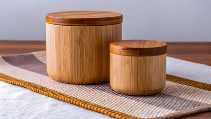 Two bamboo storage containers on a textured cloth in natural light