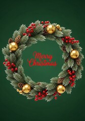 Merry Christmas vertical wreath design with pine branches, berries, and gold ornaments on green background, perfect for festive card or invitation.