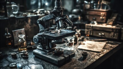 Fototapeta premium Vintage Microscope in Old Laboratory with Bottles and Scientific Equipment