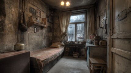 Old Cramped Bedroom with Weathered Walls and Vintage Decor in a Dilapidated Apartment