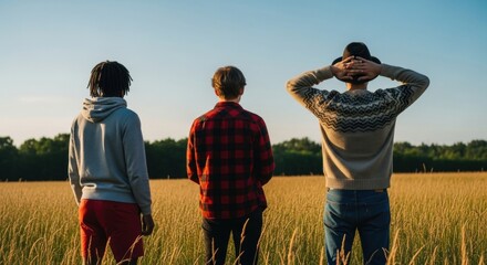 Diverse group of three male friends from behind. Young men looking at a golden field at sunset. Multicultural team with a shared vision. Concept of friendship, unity and future goals