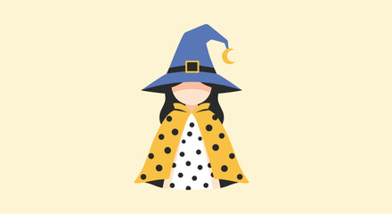Whimsical witch character with blue hat and yellow polka dot cape, perfect for Halloween and magical themes
