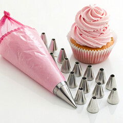 Pastry bag filled with pink frosting surrounded by piping tips, isolated on white