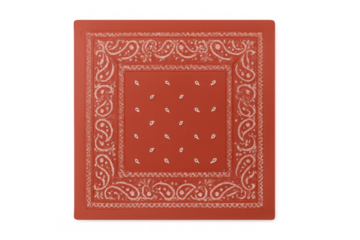 Red bandana with white paisley pattern and border, square textile accessory on transparent background