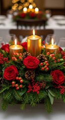 Vertical Christmas eve centerpiece. Festive advent wreath with four lit candles, red roses. Traditional holiday decoration for social media post. Copy space area