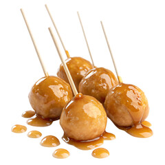Sweet caramel glazed dough balls on stick, isolated PNG transparent background