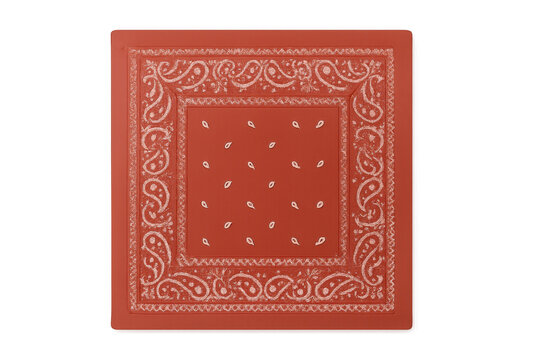Red bandana with white paisley pattern and border, square textile accessory on transparent background