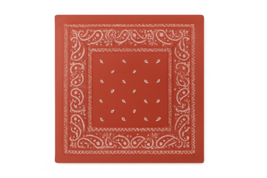 Red bandana with white paisley pattern and border, square textile accessory on transparent background