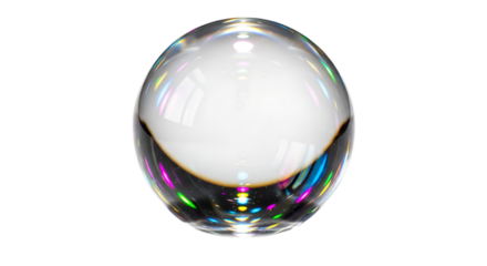 A transparent sphere with colorful light reflections against a black background space scene