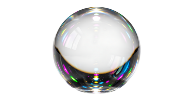 A transparent sphere with colorful light reflections against a black background space scene
