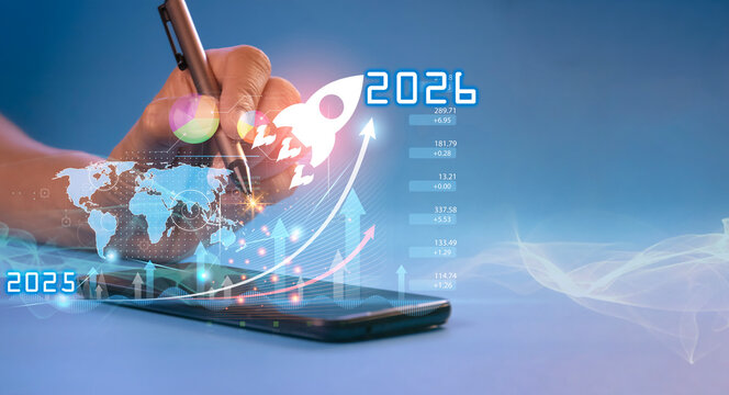 Businessman presenting 2026 digital goals, rocket launch and arrow pointing up, futuristic concept of business growth, digital strategy and vision planning.