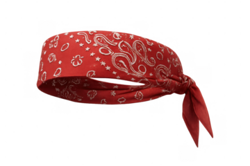 Red paisley bandana tied as a headband styling accessory, a classic headwear item for fashion or outdoor activities