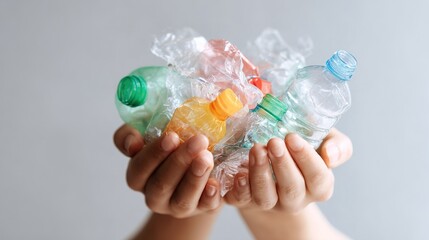 Child hands holding colorful recyclable plastic bottles and wrappers
