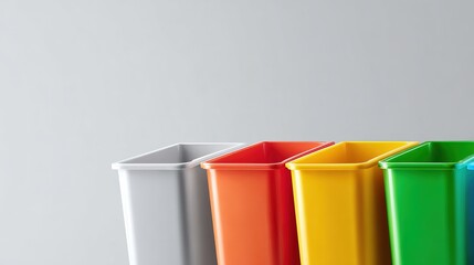 Colorful recycling bins lined up against gray background for environmental awareness