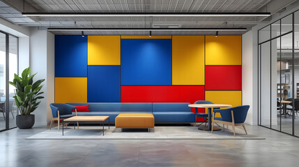 Modern creative office interior with colorful geometric wall panels and collaborative workspace design