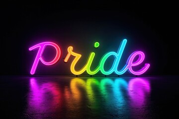 Rainbow-hued neon sign radiates the word \"Pride\" against a stark backdrop, celebration, equality.