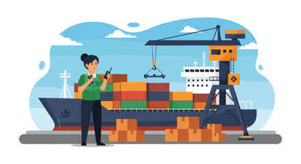 Professional woman coordinating cargo operations at busy port with container ship and crane