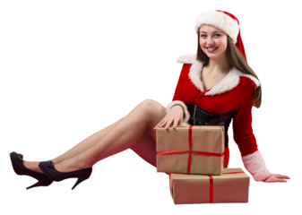 Beautiful young woman in Santa Claus costume against the red background.