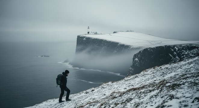Solitary male traveler hiking a snowy coastal cliff path. Dramatic seaside cliffs with a distant lighthouse on a foggy day. Concept of exploration and personal challenge