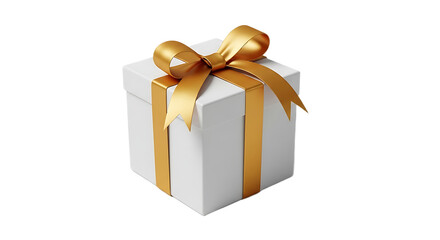 Obraz premium A white gift box with a golden ribbon and bow isolated on a black background in a studio shot
