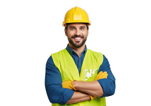 Smiling male construction worker wearing yellow hard hat and high visibility vest with arms crossed isolated on transparent background - Powered by Adobe