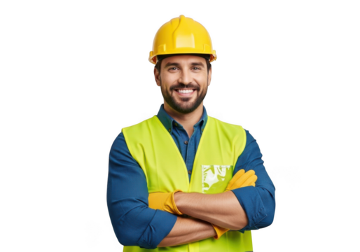 Smiling male construction worker wearing yellow hard hat and high visibility vest with arms crossed isolated on transparent background - Powered by Adobe
