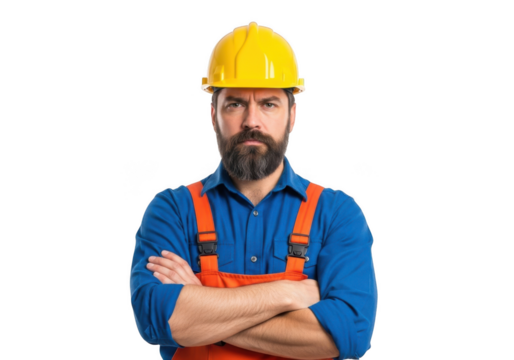 Serious construction worker with beard wearing yellow hard hat blue shirt and orange overalls with arms crossed isolated on transparent background