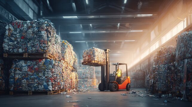 Forklift in warehouse moving compressed recycled materials bales
