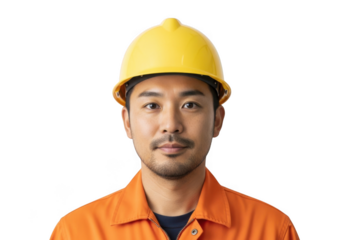 Asian man wearing a bright yellow hard hat and orange work shirt a professional construction worker portrait isolated on transparent background