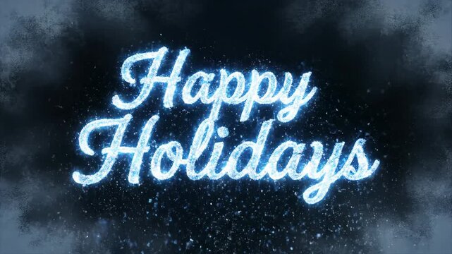 glowing 'happy holidays' text reveals in cursive font made of shining blue particles. festive winter celebration on dark background. greeting card, banner, website header.