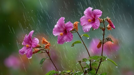 Pink flowers in rain shower