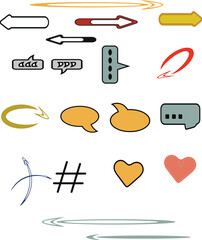 A clean vector set of social media and communication doodles including arrows, chat bubbles, hearts, and motion lines, perfect for posters, infographics, and online content designs.