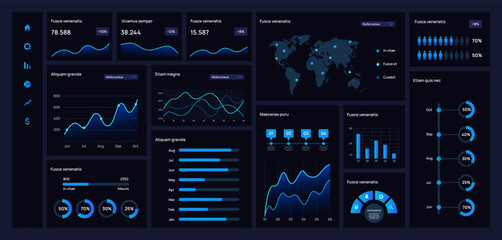 Dashboard chart. Analysis data graph, digital business report. Financial bar and diagram, control panel ui screen. Annual finance presentation, modern interface. Vector infographics template