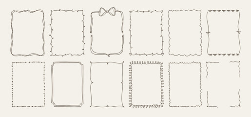 Whimsical hand drawn frames. Doodle ribbon borders vintage, coquette French line decoration for wedding, birthday and Valentine day invitation card. Vector isolated set