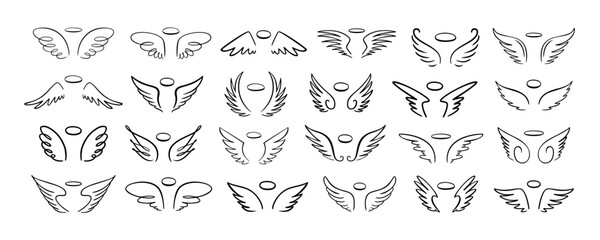 Fototapeta premium Sketch angel wings. Doodle bird wing logo, hand drawn heaven symbol with halo. Outline eagle or phoenix tattoo graphic, freedom dove, hawk vintage emblem. Vector isolated set