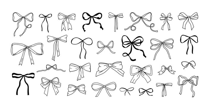 Whimsical bow. Doodle ribbon tied bows for wedding and birthday invitation, Valentines card in vintage coquette style. Romantic retro sketch elements. Vector isolated set