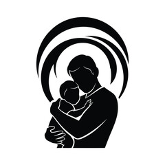 Father holding his child illustration black color, showing love and care with abstract rings