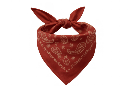 Red paisley bandana with knot. Western fashion accessory. Traditional fabric for country and cowboy themes, isolated on transparent background