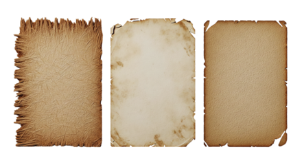 Three aged, parchment paper sheets, varying in tattered edges and staining, are arranged side-by-side against a white backdrop, bathed in warm, diffused light, evoking antiquity.
