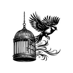 Bird Flying Out of Cage Vector — Handdrawn Black and White Illustration Symbolizing Freedom and Liberation