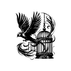 Bird Flying Out of Cage Vector — Handdrawn Black and White Illustration Symbolizing Freedom and Liberation