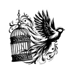 Bird Flying Out of Cage Vector — Handdrawn Black and White Illustration Symbolizing Freedom and Liberation