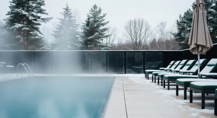 Steaming outdoor thermal pool at a luxury spa resort. Winter wellness retreat with snow covered landscape. Hydrotherapy and relaxation for a holiday getaway. Serene vacation destination