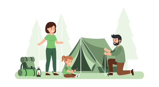 Joyful family setting up camp together amidst serene forest, creating lasting outdoor adventure memories