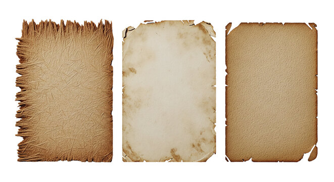 Three aged, parchment paper sheets, varying in tattered edges and staining, are arranged side-by-side against a white backdrop, bathed in warm, diffused light, evoking antiquity.

