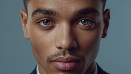 Captivating close-up portrait of a young man with piercing blue eyes, showcasing his confident gaze and refined features.