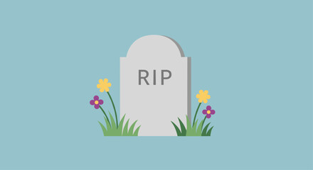 Solemn RIP tombstone surrounded by vibrant flowers and green grass on a peaceful blue sky background