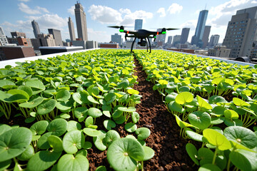 modern drone monitors crops on an urban rooftop farm, representing smart agriculture technology in a city with a skyscraper background