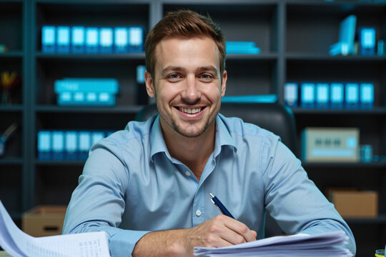 happy young professional man in a blue shirt smiling at the camera while sitting at his desk in a modern, blue-lit office at night