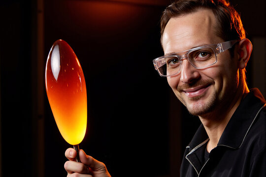 smiling male artisan or scientist in safety glasses, proudly holding up a glowing hot, orange, teardrop-shaped piece of molten glass